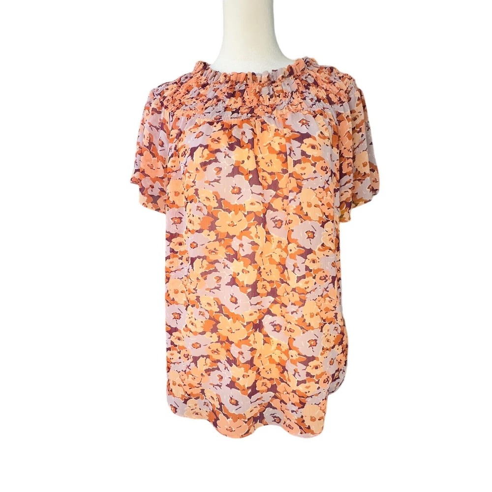 Madewell M Cottagecore Orange Purple Floral Smocked Neck Flutter Sleeve Boho